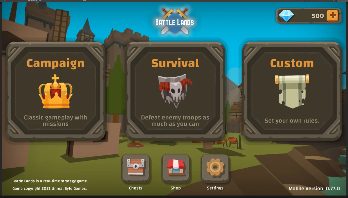 Battle Lands: low-poly medieval units clashing on a mobile real-time strategy map