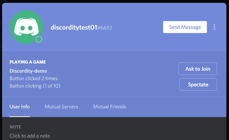 Discordity: rich presence shown on a Discord profile