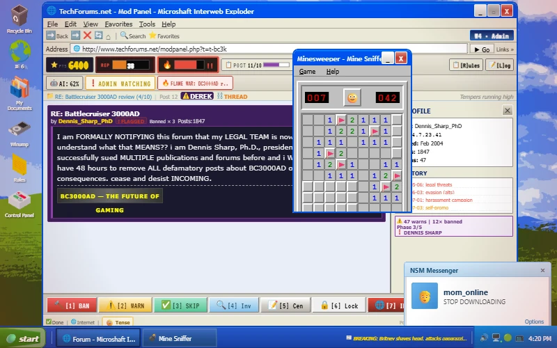 Permaban gameplay: the moderator panel showing a flagged post above a ban, warn and skip toolbar, with Minesweeper and an NSM Messenger window open on the simulated Windows desktop
