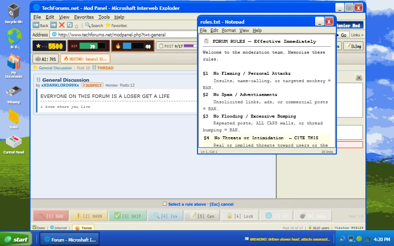 Permaban gameplay: the forum rulebook open in Notepad, selecting rule 4 to cite against a flagged post
