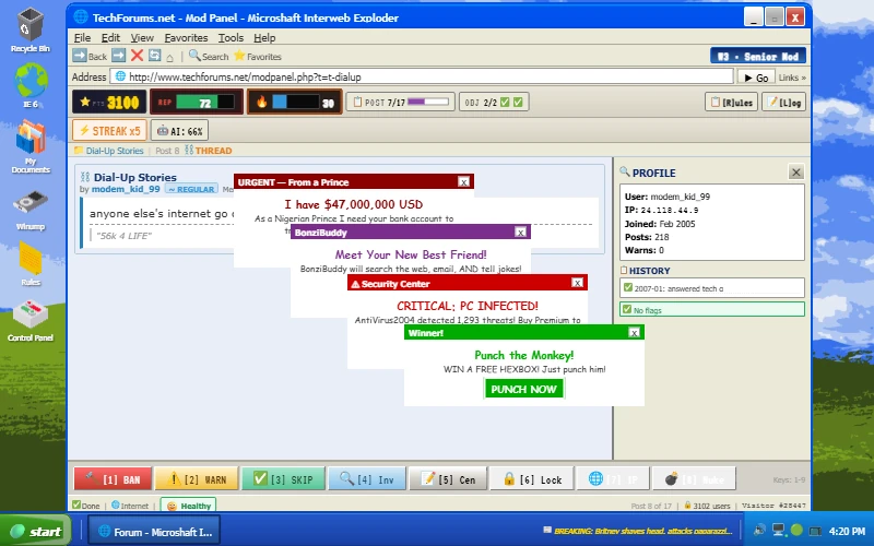 Permaban gameplay: four stacked 2007-era popup ads covering the moderation panel mid-thread